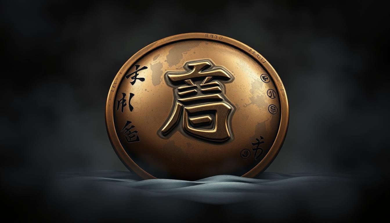 A detailed close-up illustration of a set of traditional Chinese "八字" or "Eight Characters" astrology symbols, representing the eight fundamental life forces that determine one's destiny. The symbols are carved in intricate calligraphic strokes onto a heavy bronze or brass ingot, with a dim, moody lighting casting dramatic shadows across the metallic surface. The ingot is positioned centrally in the frame, its weight and density evoking a sense of gravitas and significance. The background is a muted, atmospheric gray, allowing the tactile, textural quality of the metal to take center stage. The overall aesthetic conveys the profound significance of these ancient astrological principles in Chinese culture and their connection to one's life journey.