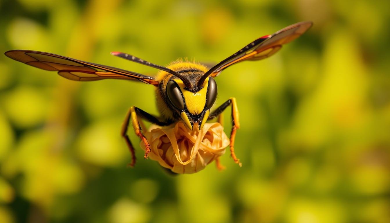 A detailed close-up of a fearsome yellow and black hornet, hovering menacingly with its wings outstretched, against a blurred natural backdrop of lush greenery. The insect's compound eyes gleam with a sense of purpose, its powerful mandibles poised to defend its intricate paper-like nest. Warm, golden-hued lighting casts dramatic shadows, heightening the sense of tension and the hornet's formidable presence. The image conveys both the hornet's potential for destruction and its vital role in the delicate balance of the ecosystem, evoking the contrasting interpretations of its symbolic meaning. A detailed close-up of a fearsome yellow and black hornet, hovering menacingly with its wings outstretched, against a blurred natural backdrop of lush greenery. The insect's compound eyes gleam with a sense of purpose, its powerful mandibles poised to defend its intricate paper-like nest. Warm, golden-hued lighting casts dramatic shadows, heightening the sense of tension and the hornet's formidable presence. The image conveys both the hornet's potential for destruction and its vital role in the delicate balance of the ecosystem, evoking the contrasting interpretations of its symbolic meaning.