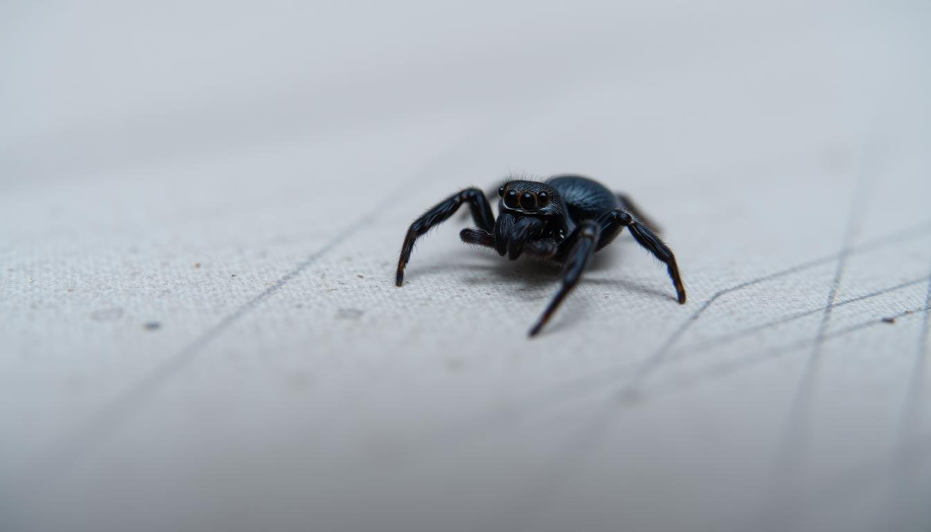 A detailed close-up shot of a small, dark-colored spider perched on a plain, neutral-toned surface, such as a wood plank or concrete floor. The spider is captured in a natural, lifelike pose, with its multiple eyes and legs clearly visible. The lighting is soft and diffused, creating subtle shadows that accentuate the spider's textured body and delicate limbs. The background is intentionally blurred and muted, keeping the focus solely on the intricate details and unique characteristics of the spider. The overall mood is one of scientific observation and natural curiosity, inviting the viewer to study the spider's intricate form and behavior. A detailed close-up shot of a small, dark-colored spider perched on a plain, neutral-toned surface, such as a wood plank or concrete floor. The spider is captured in a natural, lifelike pose, with its multiple eyes and legs clearly visible. The lighting is soft and diffused, creating subtle shadows that accentuate the spider's textured body and delicate limbs. The background is intentionally blurred and muted, keeping the focus solely on the intricate details and unique characteristics of the spider. The overall mood is one of scientific observation and natural curiosity, inviting the viewer to study the spider's intricate form and behavior.