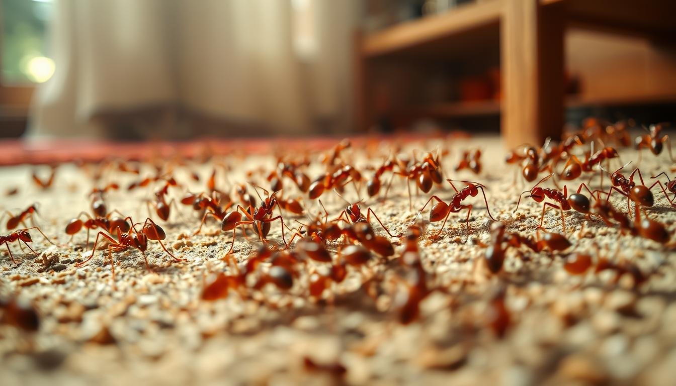A detailed close-up view of a colony of ants scurrying through a cozy home environment. The ants are meticulously rendered, showcasing their distinct reddish-brown bodies, long antennae, and intricate movements as they navigate the various textures and surfaces of the domestic setting. The background is hazy and out of focus, creating a sense of depth and emphasizing the ants as the central focus. Soft, diffuse lighting casts gentle shadows, imbuing the scene with a serene, mystical atmosphere that evokes the ancient feng shui principles associated with the presence of household ants. The camera angle is low, almost at eye level with the ants, inviting the viewer to closely observe and ponder the hidden meanings behind the ants' behaviors and patterns within the home.