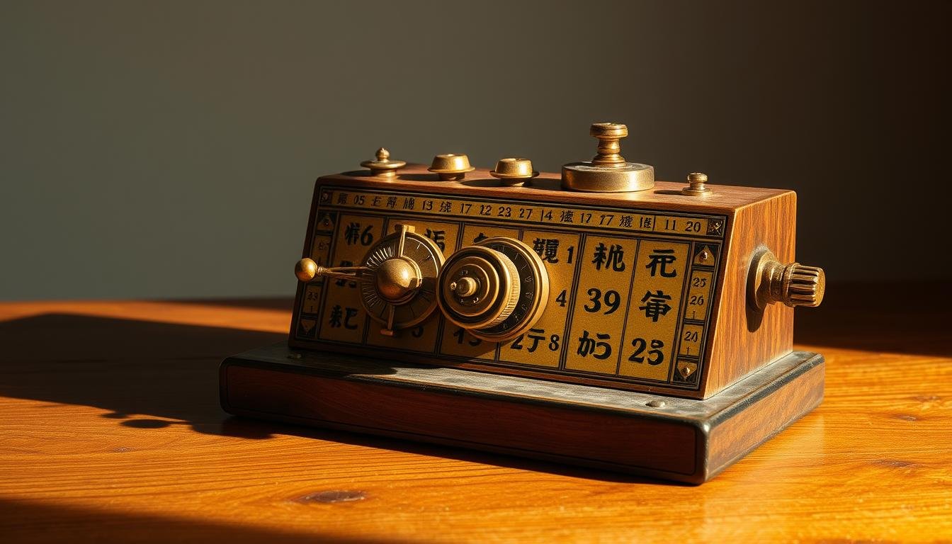 A detailed diagram of a traditional Chinese eight-character calculator, placed on a wooden table. The calculator features intricate brass mechanisms and dials, with a smooth, worn surface that suggests years of use. The lighting is soft and warm, casting gentle shadows that accentuate the device's textures and contours. The background is a neutral, muted tone, allowing the calculator to be the focal point. The overall atmosphere is one of scholarly contemplation and the exploration of ancient divination practices.