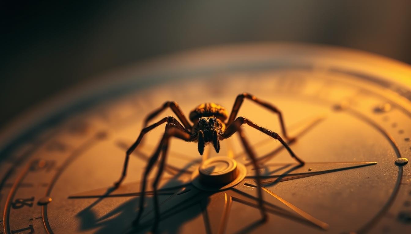 A detailed, high-resolution image depicting the southeast compass direction, a Chinese feng shui wealth symbol, and a spider. The composition showcases the spider prominently in the foreground, with the feng shui symbol in the middle ground and the compass direction in the background. The lighting is soft and warm, creating a contemplative mood. The image is captured with a shallow depth of field, allowing the spider to be in sharp focus while the other elements are slightly blurred. The overall atmosphere is one of mysticism and introspection, hinting at the hidden meanings and connections between the spider, the feng shui symbol, and the cardinal direction.