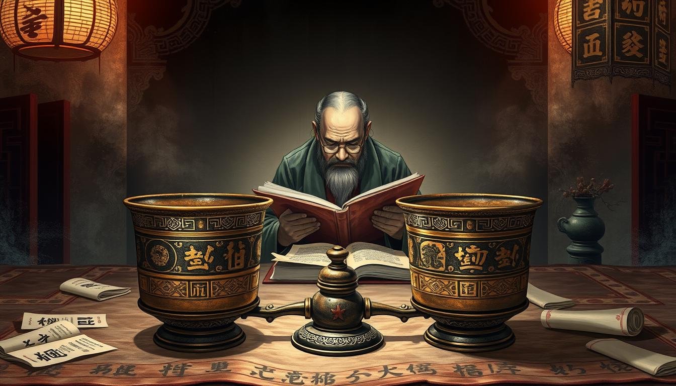 A detailed illustration depicting the ancient Chinese practice of "Bazi" or "Eight Characters" divination. Set against a dimly lit, atmospheric backdrop, the image showcases the essential tool of this tradition - the "Shengong" or "Weighing Bone" method. In the foreground, a pair of antique bronze scales is prominently displayed, their intricate patterns and weathered surfaces conveying a sense of timeless wisdom. Surrounding the scales, scattered calligraphic characters and astrological symbols hint at the complex layers of analysis involved in this esoteric art. The middle ground features a contemplative scholar, poring over ancient texts and scrolls, his expression one of deep concentration as he unravels the mysteries of the "Eight Characters." In the background, a shadowy silhouette of a traditional Chinese temple or palace looms, its ornate architecture and mystical ambiance evoking the rich cultural heritage from which this divination practice emerged.