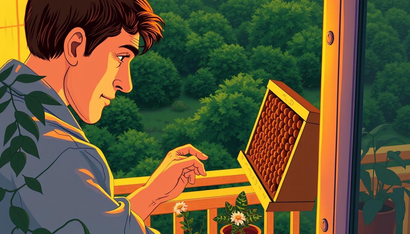A detailed illustration of a person carefully examining a beehive on a balcony, evaluating whether it should be removed. The scene is bathed in warm, golden light, creating a contemplative atmosphere. The subject's face is focused, with a hand gently tracing the intricate honeycomb structure. The balcony's railing and potted plants provide a natural framing, hinting at the domestic setting. In the background, a lush, verdant landscape suggests a serene, tranquil environment. The overall composition emphasizes the thoughtful decision-making process involved in addressing the presence of a beehive.