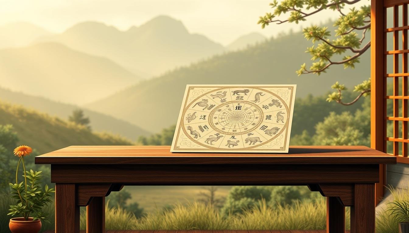 A detailed illustration of the ancient Chinese astrological system of "生辰時辰對照". A classical wooden table holds a detailed chart, with the twelve zodiac animals arranged in a circular pattern. The background features a serene, natural landscape with rolling hills, lush foliage, and a soft, muted color palette. Subtle lighting casts a warm, contemplative glow over the scene, emphasizing the timeless wisdom and tradition embodied in this traditional astrological system. The overall composition evokes a sense of tranquility, introspection, and the deep connection between the natural world and the rhythms of human life.