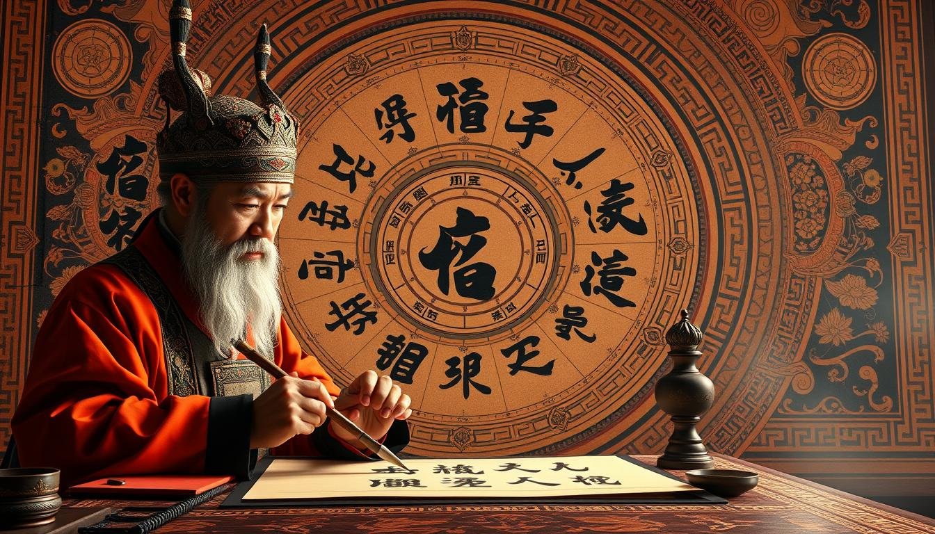 A detailed illustration of the core characteristics and interpretation principles of the "Eight Characters" (八字) in Chinese Imperial Astrology. A majestic, ornate background showcases intricate astrological diagrams, celestial motifs, and symbolic elements. In the foreground, a skilled calligrapher carefully writes the core "Eight Characters" with flowing brush strokes, illuminated by warm, dramatic lighting. The composition conveys a sense of ancient wisdom, mysticism, and the profound significance of these astrological principles in understanding one's destiny and life path. A detailed illustration of the core characteristics and interpretation principles of the "Eight Characters" (八字) in Chinese Imperial Astrology. A majestic, ornate background showcases intricate astrological diagrams, celestial motifs, and symbolic elements. In the foreground, a skilled calligrapher carefully writes the core "Eight Characters" with flowing brush strokes, illuminated by warm, dramatic lighting. The composition conveys a sense of ancient wisdom, mysticism, and the profound significance of these astrological principles in understanding one's destiny and life path.