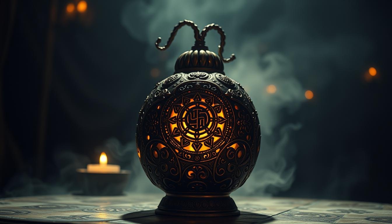 A detailed, intricate copper gourd sculpture casting a powerful exorcising energy. The gourd is intricately carved with intricate symbols and patterns, casting a mystical glow. The scene is dimly lit, with a somber, mystical atmosphere, as if imbued with ancient magic. The gourd stands prominently in the foreground, while a blurred, ethereal background hints at a spiritual, otherworldly realm. Dramatic lighting casts dramatic shadows, accentuating the gourd's ornate details and symbolic significance. The overall impression is one of ancient ritual, esoteric power, and the banishing of malevolent forces. A detailed, intricate copper gourd sculpture casting a powerful exorcising energy. The gourd is intricately carved with intricate symbols and patterns, casting a mystical glow. The scene is dimly lit, with a somber, mystical atmosphere, as if imbued with ancient magic. The gourd stands prominently in the foreground, while a blurred, ethereal background hints at a spiritual, otherworldly realm. Dramatic lighting casts dramatic shadows, accentuating the gourd's ornate details and symbolic significance. The overall impression is one of ancient ritual, esoteric power, and the banishing of malevolent forces.
