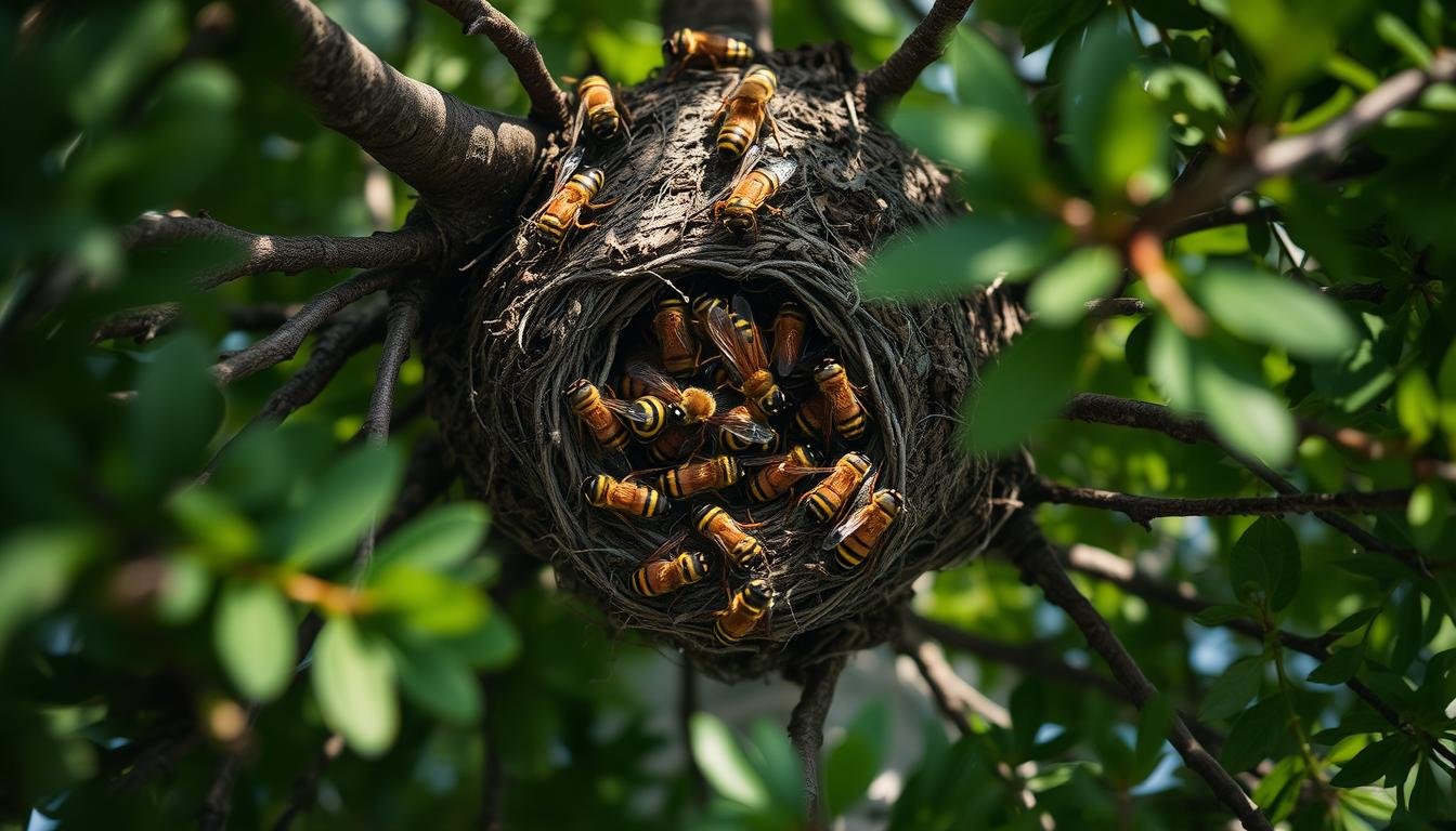 A detailed overhead view of a hornet's nest nestled in the branches of a tree, showcasing the intricate architecture and natural camouflage. The nest is surrounded by lush greenery, with a few worker hornets visible on the surface, highlighting their seasonal activity and ecological role. The lighting is soft and natural, creating a serene, almost contemplative atmosphere. The perspective allows the viewer to appreciate the nest's structure and understand the hornets' natural habitat and behavioral patterns.