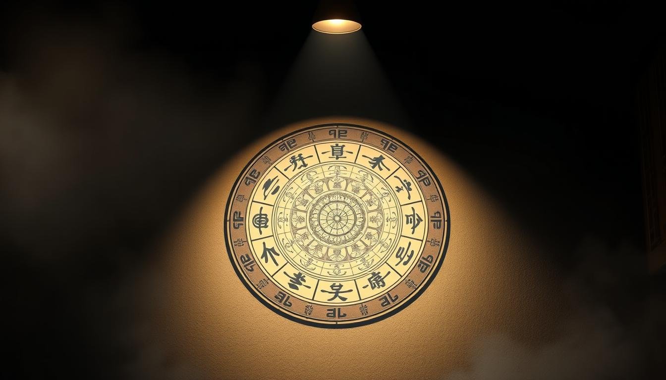 A detailed rendering of the ancient Chinese metaphysical concept of "子平格局" (Zi Ping Pattern), showcasing its intricate relationships and harmonious flow of the five elements. Set against a dimly lit, atmospheric backdrop, the image captures the essence of this profound philosophical system used in traditional Chinese astrology and divination. Centered in the frame is a detailed mandala-like diagram, its geometric patterns and symbolic imagery radiating a sense of balance and interconnectedness. Subtle lighting from above casts a warm, contemplative glow, while muted hues and soft edges evoke a sense of timelessness and mysticism. The overall composition conveys the depth and complexity of this ancient knowledge, inviting the viewer to ponder the interplay of fate, fortune, and the natural rhythms that shape our lives.