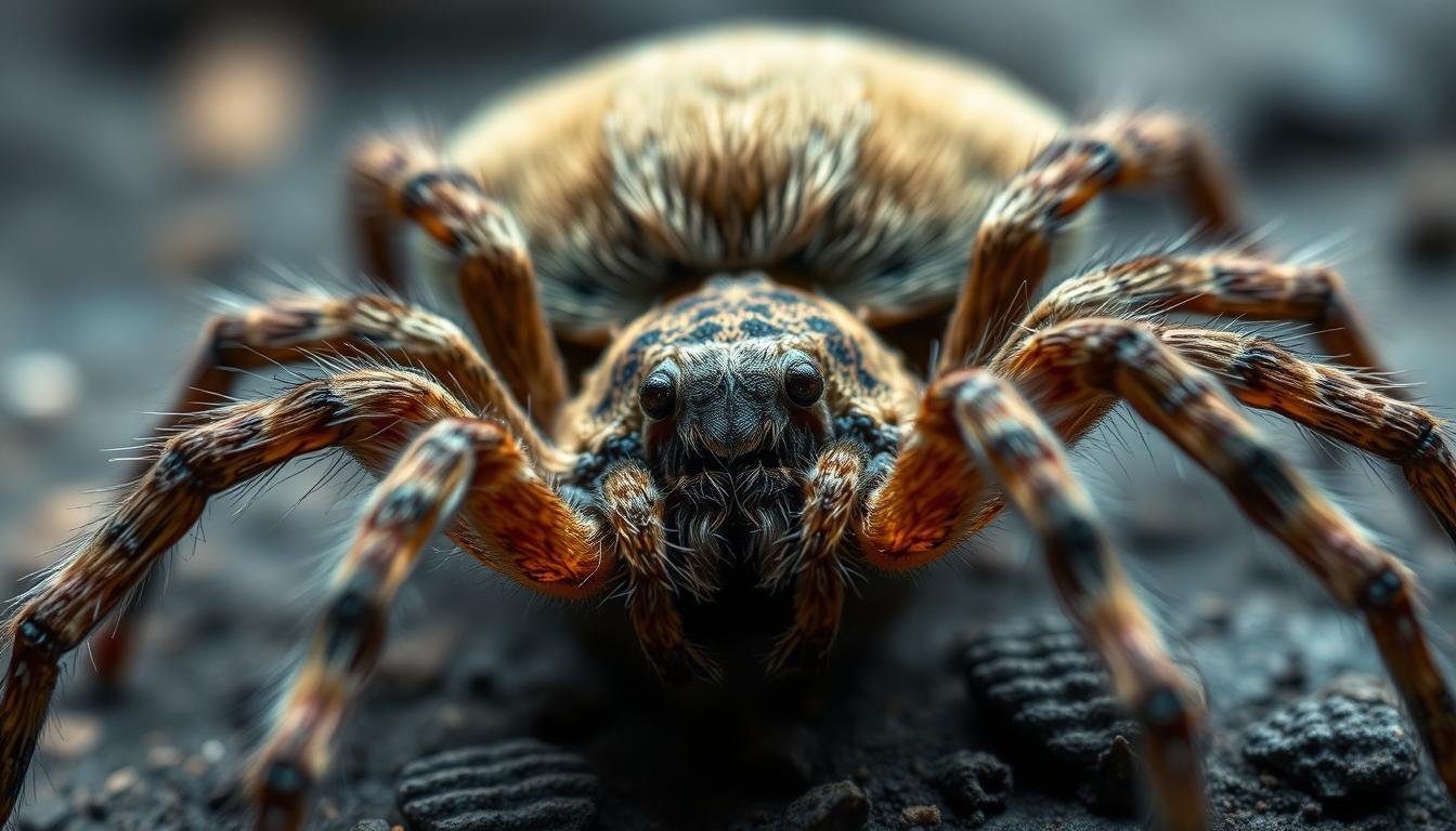 A detailed, up-close portrait of a large, hairy Taiwanese Huntsman spider (Sparassidae) known as the "Formosan Crab Spider" or "Labidognatha Spider". The spider is shown in a neutral, natural pose, with its distinctive wide, flat body and long, segmented legs spread out. The lighting is soft and diffused, creating a sense of depth and texture in the spider's intricate exoskeleton. The background is blurred and out of focus, keeping the attention on the captivating arachnid subject. The image conveys a sense of scientific curiosity and appreciation for the fascinating creature, without sensationalism or exaggeration.