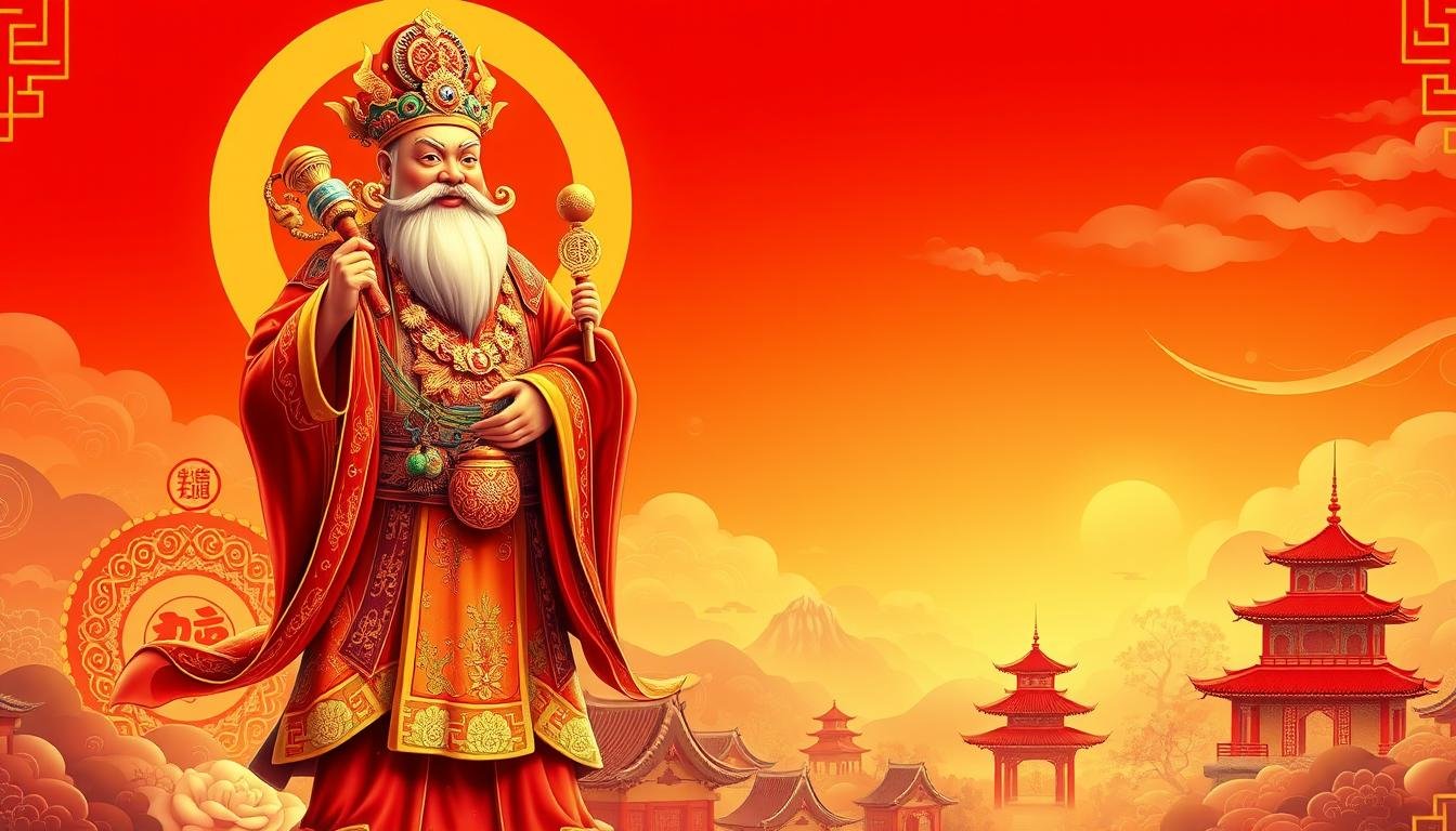 A detailed, vibrant depiction of the Cai Shen, the Chinese God of Prosperity, standing majestically against a backdrop of auspicious red and gold. The Cai Shen, dressed in ornate robes and a flowing robe, holds a scepter and bag of wealth, exuding an aura of divine benevolence. The middle ground features intricate patterns and symbols of good fortune, while the background showcases a serene, harmonious landscape with pagodas and swirling clouds. The lighting is warm and rich, casting a glowing, celebratory atmosphere. The overall composition conveys a sense of reverence, abundance, and the profound wisdom embodied in the Cai Shen, the guiding spirit of wealth and success.