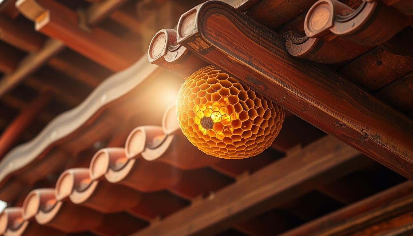 A detailed view of an intricate traditional Chinese roof eave, showcasing a delicate honeycomb-like wasp nest clinging to the ornate wooden beams. The warm afternoon sunlight filters through the nest, casting a soft, amber glow. The intricate patterns of the nest's hexagonal cells are visible, hinting at the industrious work of the colony within. The surrounding roof tiles, painted in vibrant shades of terracotta, create a harmonious contrast with the earthy tones of the weathered wood. The overall scene conveys a sense of timeless tradition, with the wasp nest serving as a natural architectural element that blends seamlessly into the historic structure.
