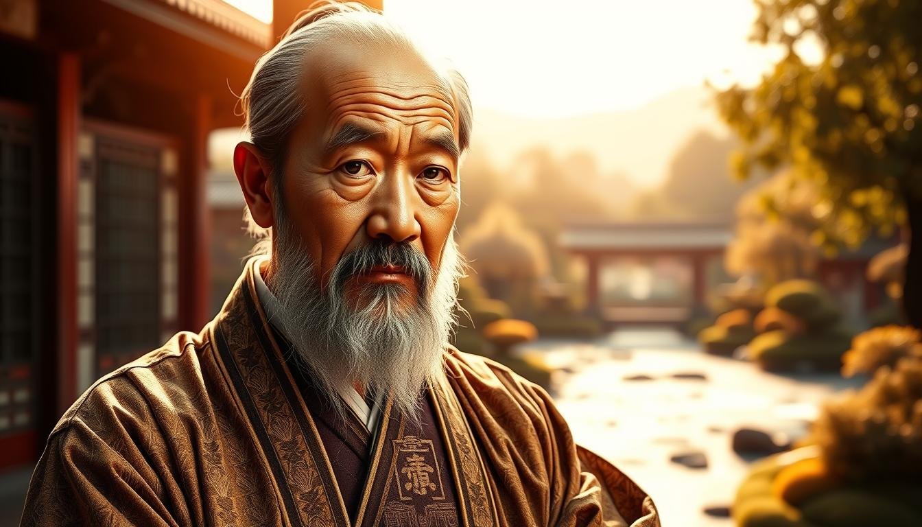 A dignified portrait of "Yuanhai Ziping", a revered scholar and philosopher from ancient China. Illuminated by warm, natural lighting, the image captures his weathered face and serene expression, conveying a profound depth of wisdom and understanding. The middle ground features an ornate ceremonial robe, meticulously detailed, while the background showcases a tranquil garden landscape with a flowing river and lush foliage. The overall composition radiates a sense of timeless elegance and scholarly contemplation, befitting the subject's esteemed role in the classical Chinese intellectual tradition. A dignified portrait of "Yuanhai Ziping", a revered scholar and philosopher from ancient China. Illuminated by warm, natural lighting, the image captures his weathered face and serene expression, conveying a profound depth of wisdom and understanding. The middle ground features an ornate ceremonial robe, meticulously detailed, while the background showcases a tranquil garden landscape with a flowing river and lush foliage. The overall composition radiates a sense of timeless elegance and scholarly contemplation, befitting the subject's esteemed role in the classical Chinese intellectual tradition.