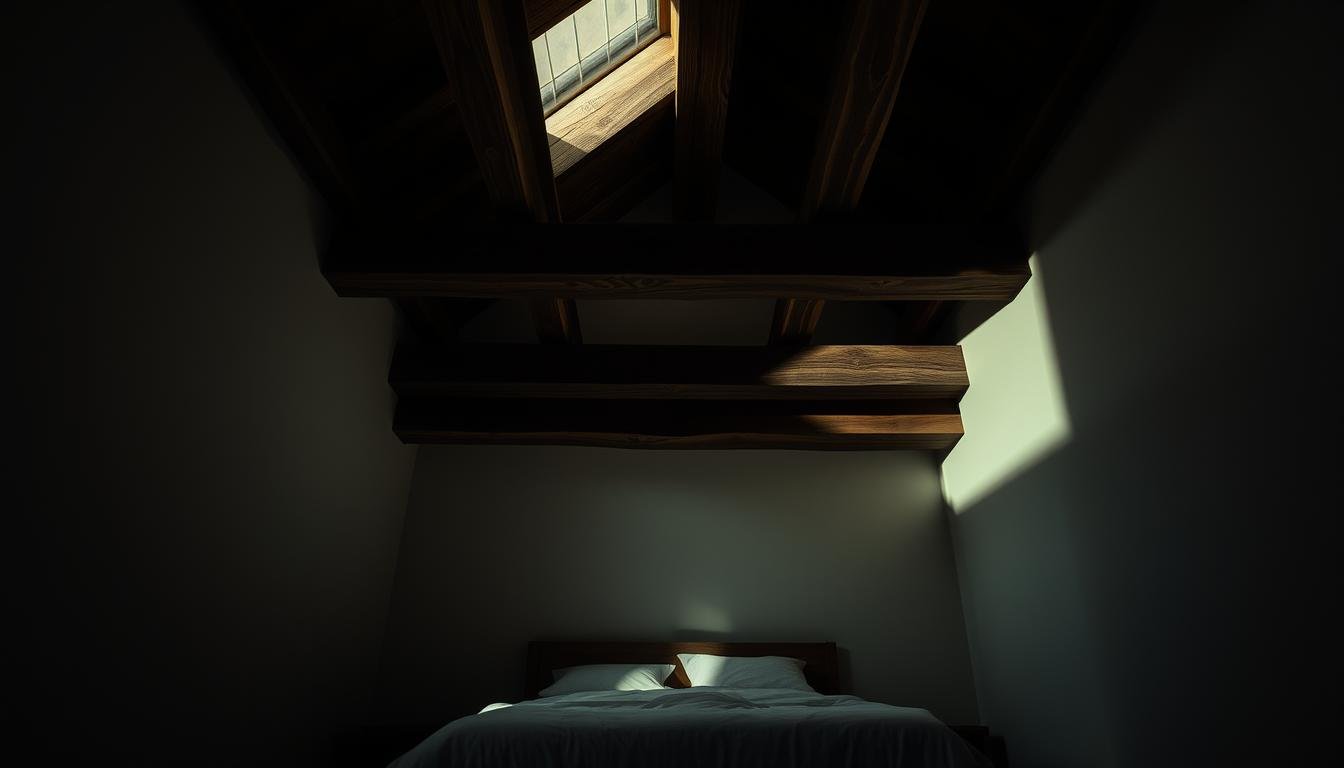 A dimly lit bedroom, the ceiling dominated by heavy wooden beams casting dramatic shadows across the space. The bed sits below, a focal point in the scene, with the beams visually compressing the room's volume, creating a sense of oppressive weight. Soft, diffused lighting from hidden sources illuminates the scene, lending an atmospheric, almost eerie quality. The walls are a neutral, calming hue, allowing the interplay of light and shadow to take center stage. The overall mood is one of contemplation, hinting at the unseen energetic forces that can impact our sleep and well-being. A visually striking composition that captures the essence of the "樑壓床 風水" concept. A dimly lit bedroom, the ceiling dominated by heavy wooden beams casting dramatic shadows across the space. The bed sits below, a focal point in the scene, with the beams visually compressing the room's volume, creating a sense of oppressive weight. Soft, diffused lighting from hidden sources illuminates the scene, lending an atmospheric, almost eerie quality. The walls are a neutral, calming hue, allowing the interplay of light and shadow to take center stage. The overall mood is one of contemplation, hinting at the unseen energetic forces that can impact our sleep and well-being. A visually striking composition that captures the essence of the "樑壓床 風水" concept.