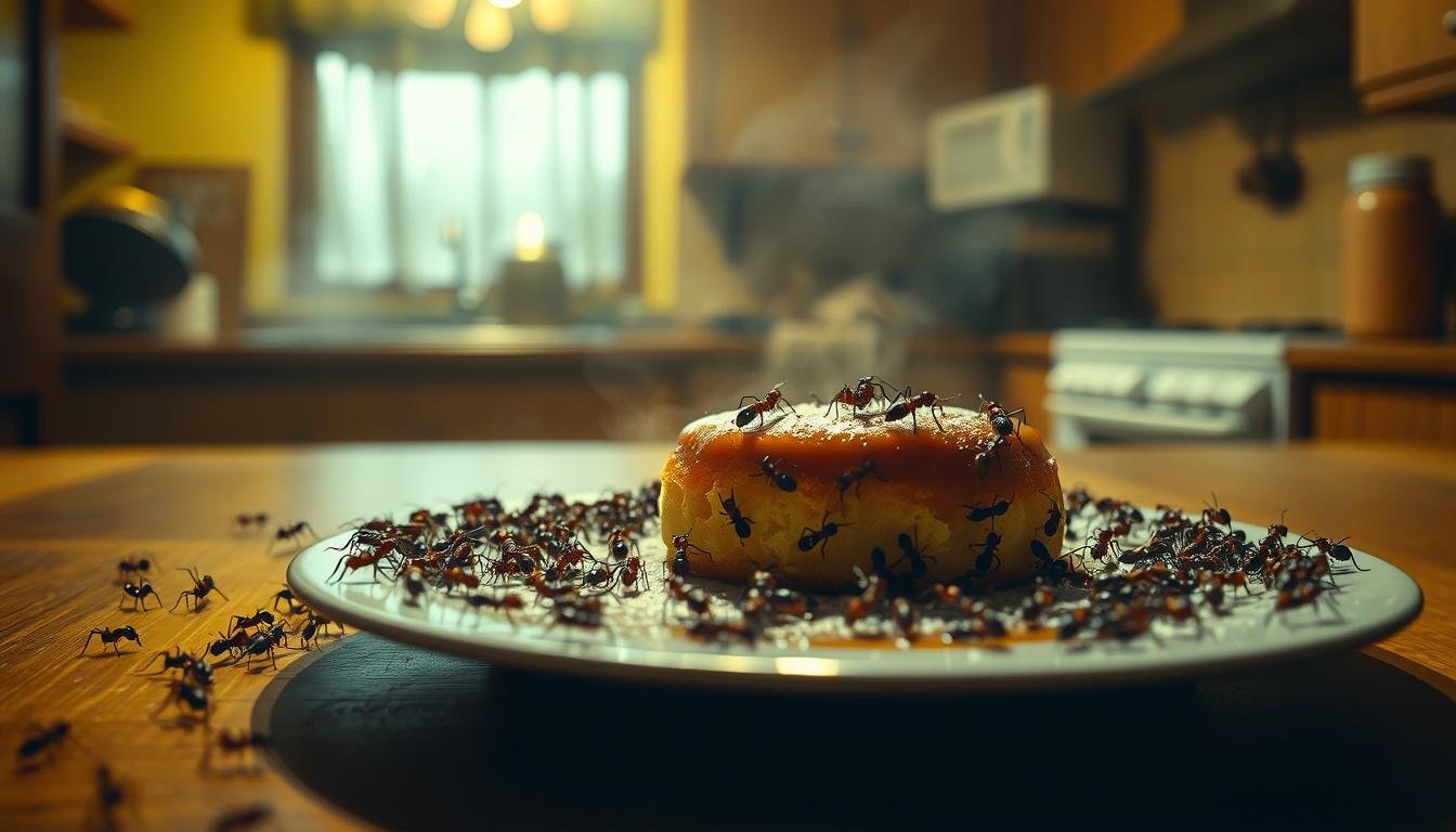 A dimly lit kitchen interior, with soft yellow lighting casting a warm glow. In the foreground, a plate of sweet dessert sits on a wooden table, surrounded by a swarm of ants drawn to the sugary scent. The ants crawl across the surface, their intricate movements creating a mesmerizing pattern. In the background, the room is slightly hazy, suggesting a humid, damp atmosphere. The composition emphasizes the irresistible allure of the dessert, which serves as a metaphor for the pull of the unseen forces that attract the ants - a visual representation of the esoteric principles explored in the article.