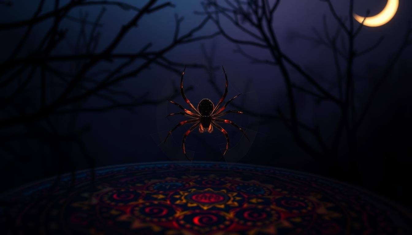A dimly lit, mystical scene showcasing the nuanced relationship between color, behavior, and time in interpreting spider omens. In the foreground, a hand-painted mandala in jewel-toned hues - crimson, sapphire, and gold - swirls with arcane symbols. The middle ground features a spider, its movements captured in a series of ethereal, ghostly afterimages, as if dancing to an unseen rhythm. The background is shrouded in a hazy, twilight atmosphere, with silhouetted branches and a crescent moon casting an otherworldly glow. The overall composition evokes a sense of contemplation and the unveiling of hidden truths, inviting the viewer to ponder the deeper meanings behind the arachnid's movements and the colors that define them.