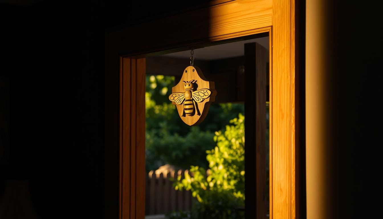 A dimly lit residential interior with a cozy, rustic aesthetic. In the foreground, a wooden door frame with a well-crafted wooden bee deterrent device mounted above it. The device has intricate carvings and a natural, earthy finish, blending seamlessly with the home's decor. Through the open doorway, a glimpse of a lush, verdant garden can be seen, hinting at the outside environment. Soft, warm lighting casts gentle shadows, creating a serene and inviting atmosphere. The composition emphasizes the integration of the bee deterrent into the home's design, conveying a sense of proactive, yet harmonious, prevention against unwanted insect intrusion. A dimly lit residential interior with a cozy, rustic aesthetic. In the foreground, a wooden door frame with a well-crafted wooden bee deterrent device mounted above it. The device has intricate carvings and a natural, earthy finish, blending seamlessly with the home's decor. Through the open doorway, a glimpse of a lush, verdant garden can be seen, hinting at the outside environment. Soft, warm lighting casts gentle shadows, creating a serene and inviting atmosphere. The composition emphasizes the integration of the bee deterrent into the home's design, conveying a sense of proactive, yet harmonious, prevention against unwanted insect intrusion.