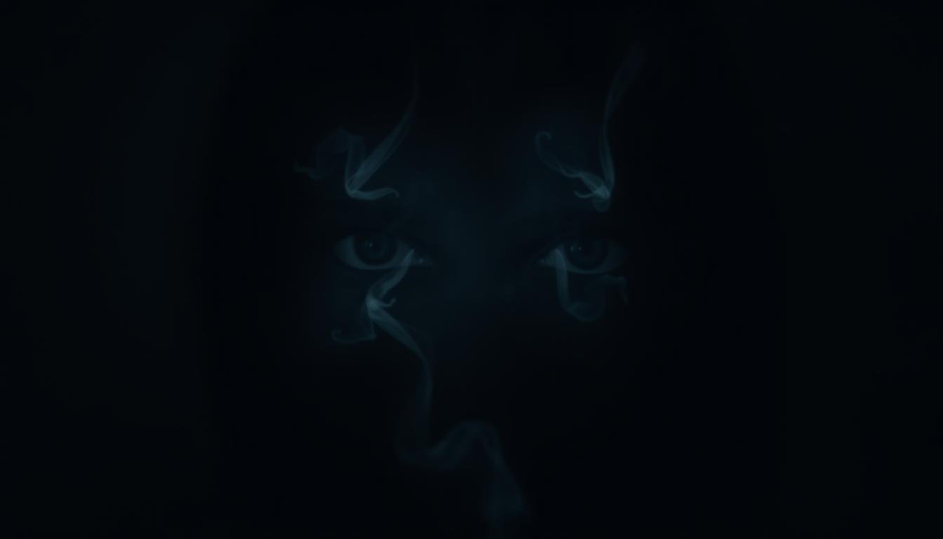 A dimly lit room, heavy with an eerie atmosphere. In the center, a pair of piercing, otherworldly eyes float in the shadows, emanating a mystical, yin-yang energy. The eyes are surrounded by a delicate, shimmering aura, hinting at the subtle balance of light and dark. The background is obscured, leaving the focus solely on the enigmatic gaze, inviting the viewer to ponder the mysteries of fate and destiny. Subtle wisps of smoke or energy curl around the eyes, adding to the sense of the supernatural. The lighting is dramatic, casting deep shadows and highlights to heighten the mystical mood.