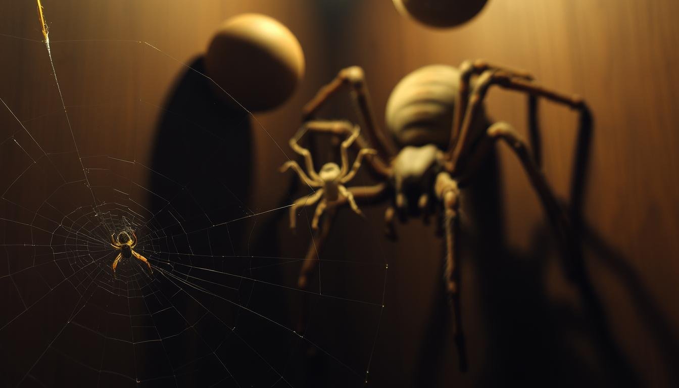 A dimly lit room, the focus on a corner where a variety of spiders of different sizes and species coexist. In the foreground, a delicate, intricate web spun by a small spider, its intricate patterns casting soft shadows. In the middle ground, a larger, more robust spider, its hairy legs poised and alert. In the background, a massive, imposing spider with fearsome fangs and a thick, bulbous abdomen, the centerpiece of this arachnid menagerie. Soft, warm lighting casts an eerie, mysterious glow, highlighting the spiders' diverse forms and the subtle gradations in their sizes. The overall mood is one of quiet contemplation, inviting the viewer to appreciate the subtle nuances and differences between these captivating creatures. A dimly lit room, the focus on a corner where a variety of spiders of different sizes and species coexist. In the foreground, a delicate, intricate web spun by a small spider, its intricate patterns casting soft shadows. In the middle ground, a larger, more robust spider, its hairy legs poised and alert. In the background, a massive, imposing spider with fearsome fangs and a thick, bulbous abdomen, the centerpiece of this arachnid menagerie. Soft, warm lighting casts an eerie, mysterious glow, highlighting the spiders' diverse forms and the subtle gradations in their sizes. The overall mood is one of quiet contemplation, inviting the viewer to appreciate the subtle nuances and differences between these captivating creatures.
