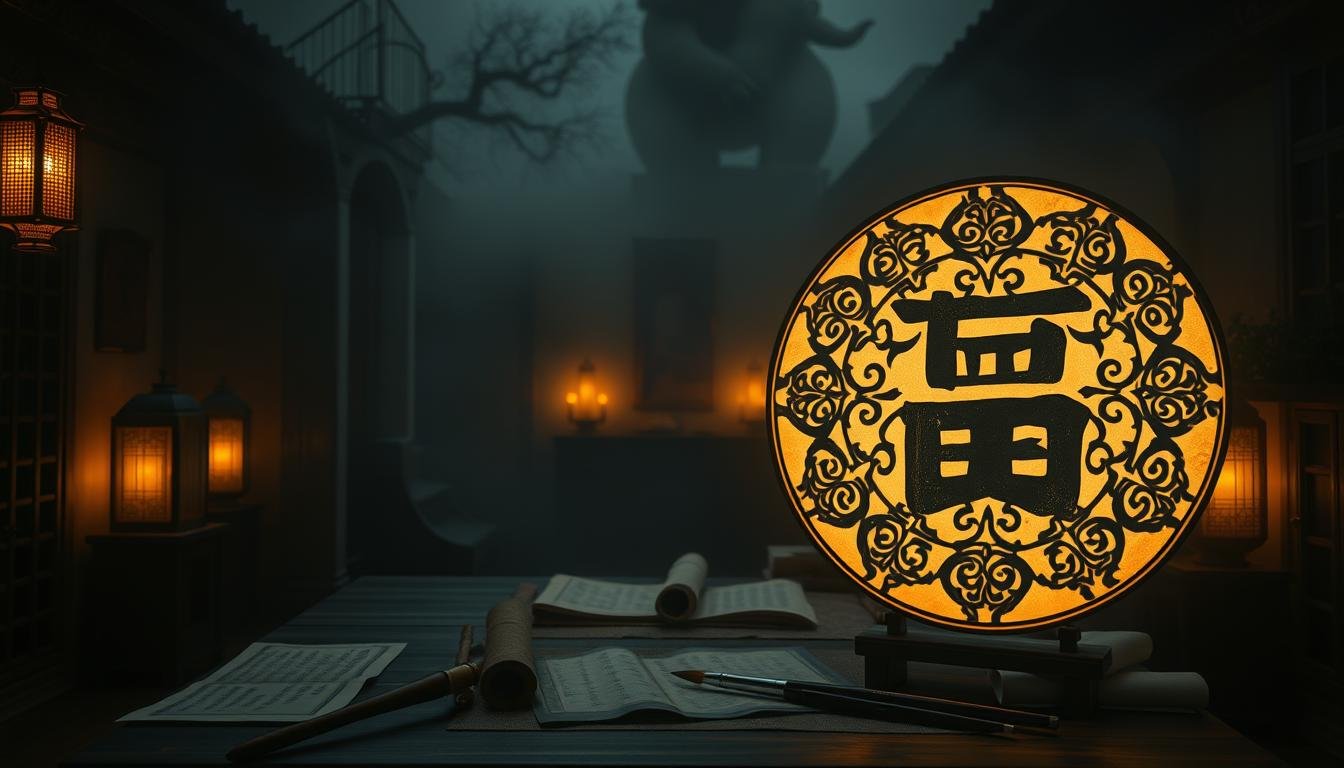 A dimly lit room with a sense of mystique and ancient wisdom. In the foreground, two intricate, ornate Chinese character diagrams, representing the "八字" (Bazi) system of Chinese astrology. The characters are illuminated by soft, warm lighting, casting subtle shadows that accentuate their complex structure. In the middle ground, a table or surface where the diagrams are placed, surrounded by scattered scrolls, calligraphy brushes, and other artifacts hinting at the depth and tradition of this ancient practice. The background is shrouded in a hazy, ethereal atmosphere, suggesting the profound and esoteric nature of the "八字" system and its role in understanding one's destiny and compatibility.