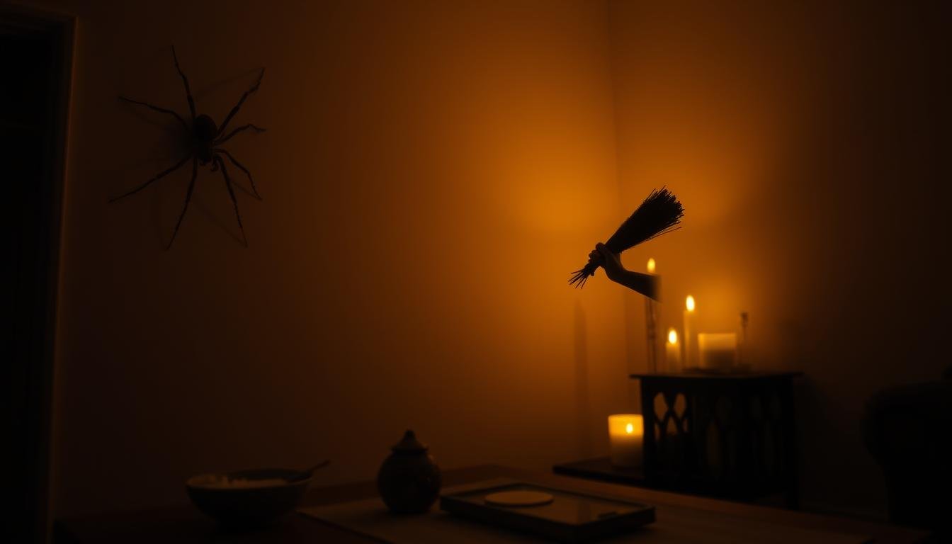 A dimly lit room with a spider crawling on the wall, casting an ominous shadow. In the foreground, a person standing in a peaceful, contemplative pose, holding a bundle of sage or incense, preparing to cleanse the space. The middle ground features symbolic elements like a bowl of salt, a small crystal, and a few candles, creating a calming, ritualistic atmosphere. The background is slightly blurred, emphasizing the focal point of the person's actions. The lighting is warm and soft, creating a sense of tranquility and focus, guiding the viewer's attention to the act of resolving the negative energy associated with the spider's presence.