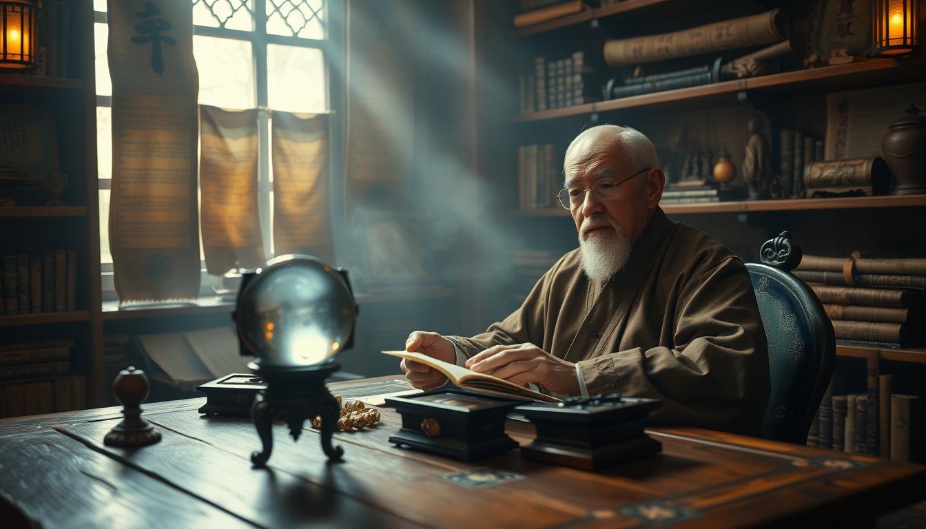 A dimly lit room with warm, mystical lighting. In the foreground, a wooden table holds a crystal ball, tarot cards, and other divination tools. A thoughtful, elderly Chinese man in traditional garb sits at the table, his expression serene as he interprets the cards. Behind him, shelves filled with ancient scrolls, books, and artifacts create a sense of timeless wisdom. The background is hazy, with soft, ethereal light filtering through a window, evoking a sense of the esoteric and the unknowable. An atmosphere of reverence, introspection, and the pursuit of personal enlightenment permeates the scene. A dimly lit room with warm, mystical lighting. In the foreground, a wooden table holds a crystal ball, tarot cards, and other divination tools. A thoughtful, elderly Chinese man in traditional garb sits at the table, his expression serene as he interprets the cards. Behind him, shelves filled with ancient scrolls, books, and artifacts create a sense of timeless wisdom. The background is hazy, with soft, ethereal light filtering through a window, evoking a sense of the esoteric and the unknowable. An atmosphere of reverence, introspection, and the pursuit of personal enlightenment permeates the scene.