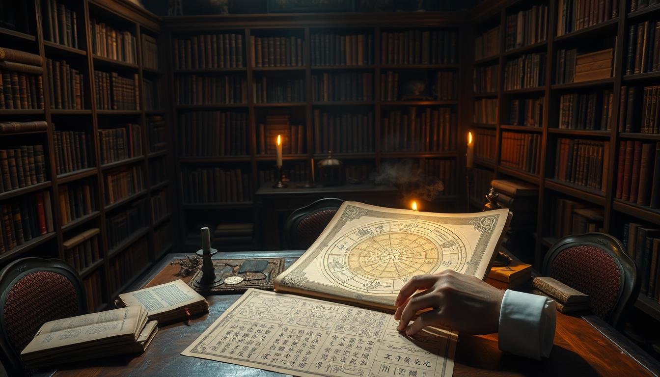 A dimly lit study, bookshelves lining the walls, casting a warm glow. In the center, a wooden table with an array of ancient texts, astrological charts, and a burning candle. A philosopher's hands carefully examining the intricate patterns of a complex "Ba Zi" diagram, their brow furrowed in contemplation. Motes of dust drift lazily through the air, the atmosphere thick with an air of scholarly inquiry and mystical discovery. The scene evokes a sense of the interplay between science, philosophy, and the enigmatic world of Chinese metaphysics.