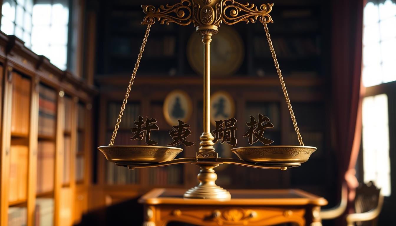 A floating, ornate brass scale suspended in a dimly lit study. The scale's intricate details are illuminated by a warm, focused light, casting dramatic shadows. The scale's pans are balanced, holding eight Chinese characters representing the concept of "heavy weight". The study's background is hazy, with bookshelves and a ornate wooden desk faintly visible, evoking a sense of scholarly contemplation. The overall mood is one of thoughtful reverence, highlighting the symbolic significance of the "heavy weight" concept.