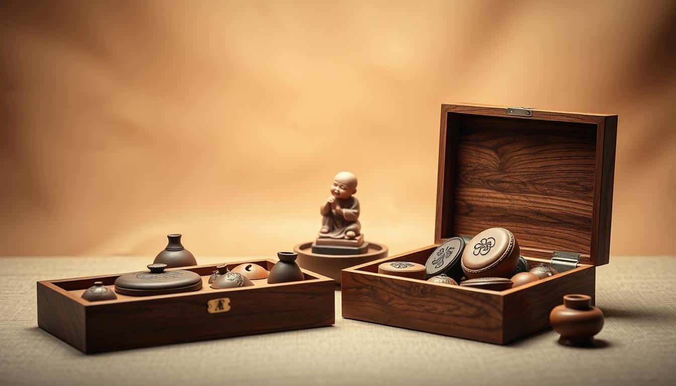 A graceful and harmonious still life scene featuring a carefully selected pepper wood gift set. In the foreground, a beautifully grained pepper wood box sits open, revealing its elegant contents - an array of various pepper wood artifacts, each with a distinct shape and grain pattern. The middle ground showcases a single, exquisitely carved pepper wood figurine, its intricate details highlighted by soft, directional lighting. The background features a subtly textured, warm-toned backdrop, creating a sense of depth and highlighting the natural beauty of the pepper wood materials. The overall composition conveys a refined, cultured atmosphere, reflecting the thoughtful selection and presentation of this auspicious pepper wood gift.