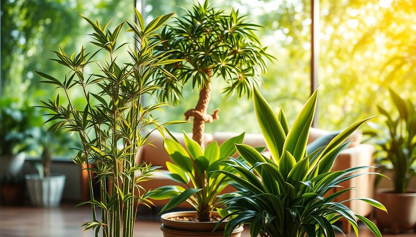 A harmonious arrangement of auspicious plants in a well-lit, spacious indoor setting. In the foreground, a majestic Dracaena (lucky bamboo) with its lush green stems and graceful, upward-reaching leaves, exuding a sense of prosperity and longevity. Beside it, a thriving Pachira (money tree) with its distinctive palmate foliage and braided trunk, symbolizing financial abundance. In the middle ground, a vibrant Sansevieria (snake plant) with its bold, architectural leaves, representing resilience and good fortune. The background features a backdrop of verdant, soothing greenery, creating a calming, zen-like ambiance. The lighting is warm and natural, with soft shadows and highlights accentuating the plants' textures and colors. An overall composition that conveys balance, harmony, and the synergistic blessings of these auspicious houseplants.