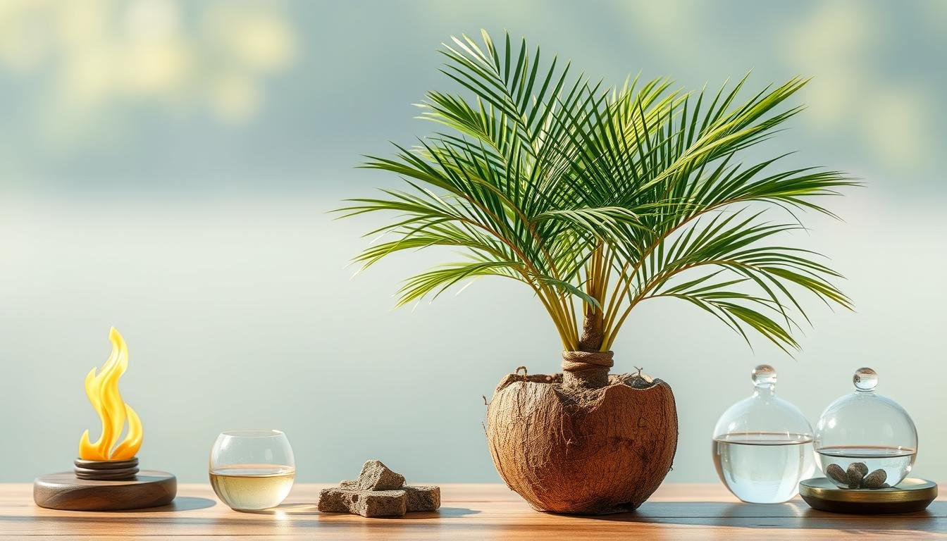A harmonious composition of a miniature potted coconut palm (袖珍椰子) against a serene backdrop. The plant is centered, its fronds gently swaying in soft, natural lighting. The five elements of traditional Chinese feng shui (五行) - wood, fire, earth, metal, and water - are subtly integrated into the scene, each represented by carefully placed props and accents. The overall atmosphere evokes a sense of balance, tranquility, and positive energy, embodying the principles of enhancing home and life fortune (風水) through this auspicious houseplant. A harmonious composition of a miniature potted coconut palm (袖珍椰子) against a serene backdrop. The plant is centered, its fronds gently swaying in soft, natural lighting. The five elements of traditional Chinese feng shui (五行) - wood, fire, earth, metal, and water - are subtly integrated into the scene, each represented by carefully placed props and accents. The overall atmosphere evokes a sense of balance, tranquility, and positive energy, embodying the principles of enhancing home and life fortune (風水) through this auspicious houseplant.