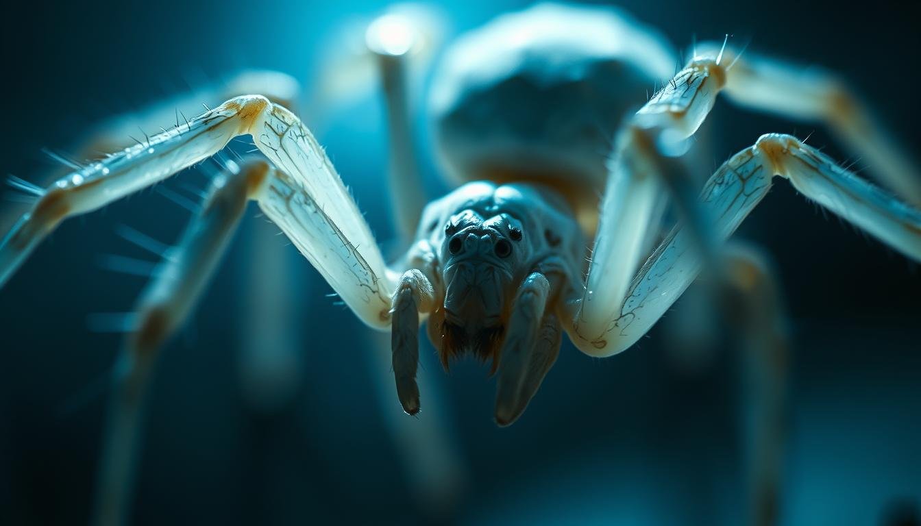 A high-resolution, cinematic close-up shot of a white spider, its intricate anatomy and delicate limbs highlighted by dramatic lighting. The arachnid's body is sharply in focus, while the background is softly blurred, creating a sense of scientific detachment and contemplation. The lighting is a cool, directional source, casting shadows that emphasize the spider's form and texture. The angle is slightly low, giving the viewer a sense of the spider's power and dominance. The overall mood is one of analytical fascination, inviting the viewer to closely examine the spider's structure and understand its role in the natural world.