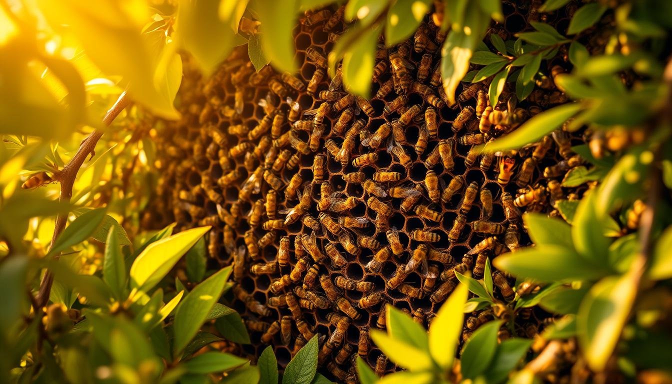 A hive of busy honeybees, their golden bodies darting in and out of an intricate, hexagonal nest nestled among vibrant green foliage. The composition captures the industrious energy of the colony, with bees meticulously constructing their home, a testament to the harmony and prosperity they bring. Warm, golden lighting filters through the leaves, casting a serene, natural glow over the scene. The perspective is slightly elevated, allowing the viewer to observe the hive's detailed structure and the bees' collective efforts. An aura of tranquility and auspiciousness permeates the image, hinting at the positive symbolism of this natural phenomenon.