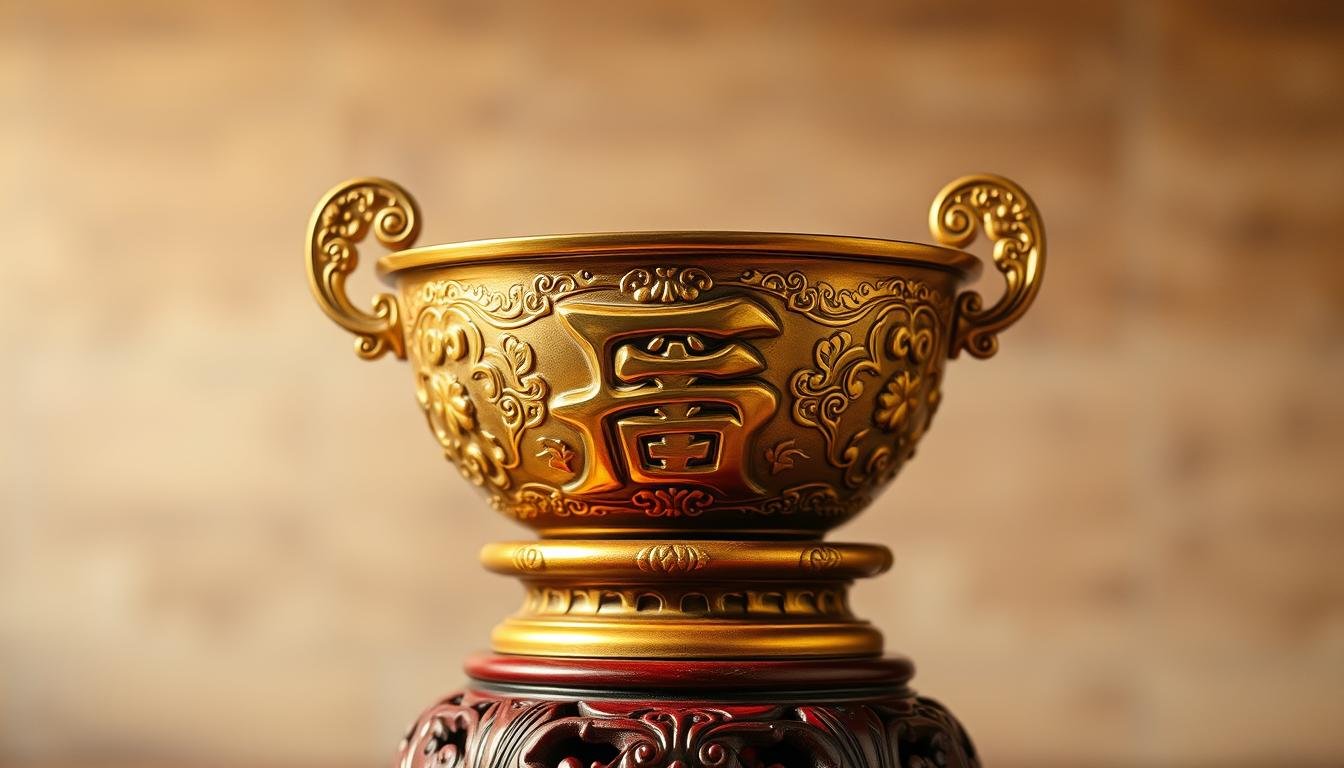 A lush and ornate brass "聚寶盆" rests upon a carved wooden pedestal, its intricate designs and patterns glinting in the warm, soft lighting. The foreground is sharply in focus, with the bowl's curvaceous shape and intricate details clearly visible. The middle ground features a minimal, uncluttered backdrop, allowing the financial vessel to take center stage. In the background, a subtle gradient of muted, earthy tones creates a sense of depth and atmosphere, evoking a traditional Chinese setting. The overall composition is balanced and harmonious, conveying a feeling of prosperity, abundance and positive financial energy.