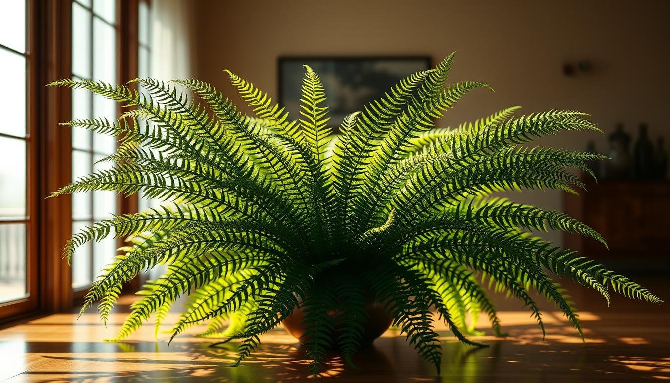 A lush, atmospheric scene showcasing the intricate arrangement of the antler fern, also known as the "deer horn fern," in a harmonious feng shui layout. The fern's graceful fronds spread outward, casting dynamic shadows and creating a sense of balanced energy within the serene, softly lit indoor setting. The lighting is warm and diffused, accentuating the fern's vibrant green hues and the polished wood surfaces surrounding it. The camera angle is positioned to capture the fern's striking silhouette, emphasizing its pivotal role in the overall spatial composition. The overall mood is one of tranquility and thoughtful harmony, inviting the viewer to consider the fern's potential to optimize the flow of chi within a residential or commercial environment.