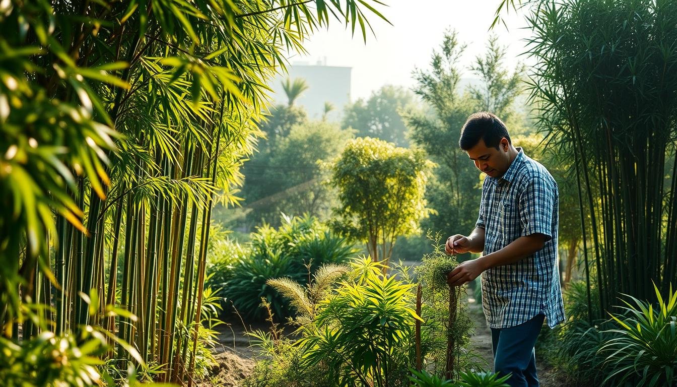 A lush bamboo and cypress garden in soft afternoon light, with a focus on the propagation and pest control aspects. In the foreground, a gardener expertly handling cuttings and seedlings, demonstrating techniques for successful propagation. In the middle ground, healthy bamboo and cypress plants stand tall, their leaves glistening. In the background, a subtle haze evokes a serene, contemplative atmosphere. The lighting is warm and diffused, creating a sense of tranquility. The composition emphasizes the harmony between cultivation and nature's delicate balance, inviting the viewer to appreciate the wisdom of caring for these auspicious plants. A lush bamboo and cypress garden in soft afternoon light, with a focus on the propagation and pest control aspects. In the foreground, a gardener expertly handling cuttings and seedlings, demonstrating techniques for successful propagation. In the middle ground, healthy bamboo and cypress plants stand tall, their leaves glistening. In the background, a subtle haze evokes a serene, contemplative atmosphere. The lighting is warm and diffused, creating a sense of tranquility. The composition emphasizes the harmony between cultivation and nature's delicate balance, inviting the viewer to appreciate the wisdom of caring for these auspicious plants.