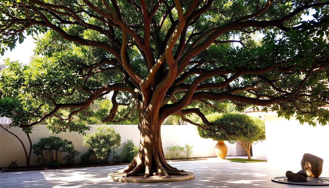 A lush, harmonious Camphor tree (Cinnamomum camphora) with dense, glossy foliage stands tall in a sun-dappled courtyard. Its graceful, sweeping branches cast intricate shadows on the paved stone ground. The tree's thick, gnarly trunk is dotted with weathered, textured bark, suggesting its age and stature. Warm, gentle sunlight filters through the canopy, creating a soothing, contemplative atmosphere. Strategically placed garden rocks and a small ornamental pond complement the tree's natural presence, fostering a sense of balance and tranquility. The overall scene exudes a calming, zen-like ambiance, inviting one to pause and connect with the beauty of nature.