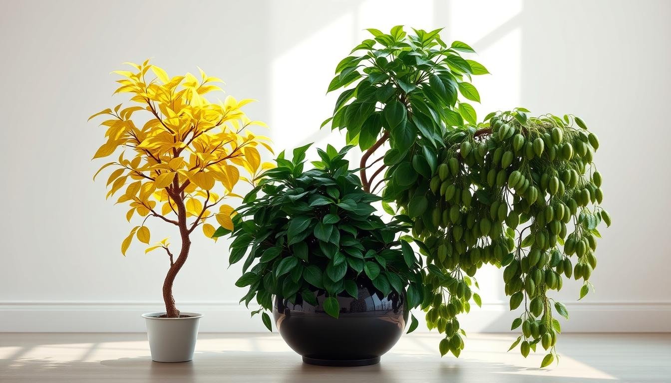 A lush, harmonious arrangement of three prosperous plants - a golden-leaved money tree, a flourishing jade plant, and a cascading weeping fig - set against a tranquil backdrop of soft natural lighting and a serene, minimalist environment. The plants are meticulously positioned to create a visually pleasing and synergistic composition, hinting at the complementary energies and auspicious symbolism of these "wealth-beckoning" flora. The scene conveys a sense of balance, abundance, and an inviting atmosphere to promote financial well-being and good fortune.