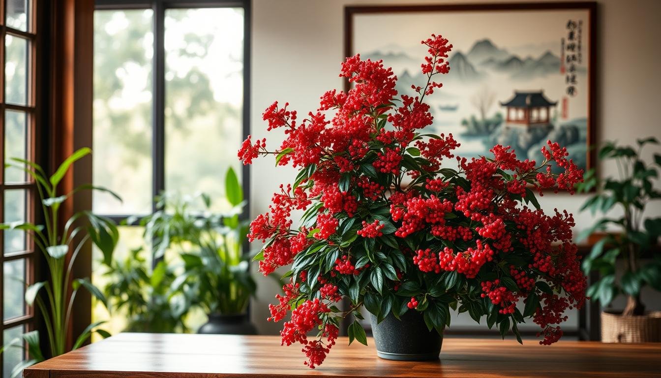 A lush indoor garden scene, with a flourishing Nandina plant as the focal point. The plant is situated on a wooden table, its vibrant red foliage and berries commanding attention. Soft, diffused lighting filters through large windows, casting a warm glow on the scene. In the background, a traditional Chinese landscape painting adorns the wall, its serene mountains and flowing rivers evoking a sense of harmony. The overall atmosphere is one of balance, prosperity, and auspicious energy, perfectly reflecting the concept of "Zhao Cai Hua Sha" - attracting wealth and dispelling negative forces.
