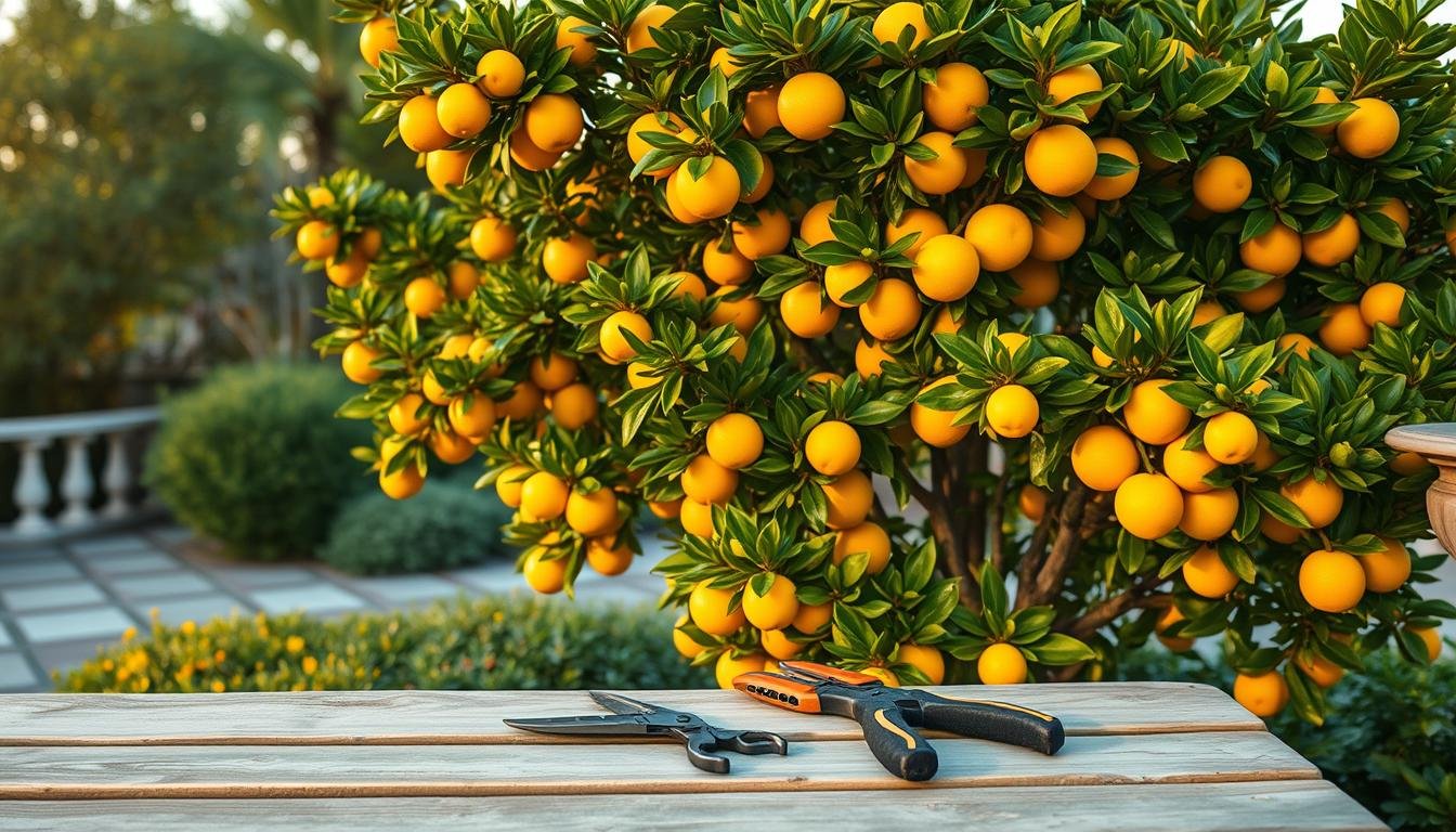A lush, verdant garden filled with a thriving golden citrus tree, its glossy leaves and vibrant fruit shimmering in the warm, golden-hour sunlight. The tree stands tall and robust, its branches gracefully extending outwards, creating a sense of abundance and prosperity. In the foreground, a pair of gardening gloves and pruning shears rest on a weathered wooden bench, hinting at the careful, methodical care required to maintain the tree's health and vitality. The background features a serene, atmospheric setting, perhaps a tranquil patio or terrace, inviting the viewer to imagine the harmonious integration of this golden citrus tree into a harmonious, prosperous living space.