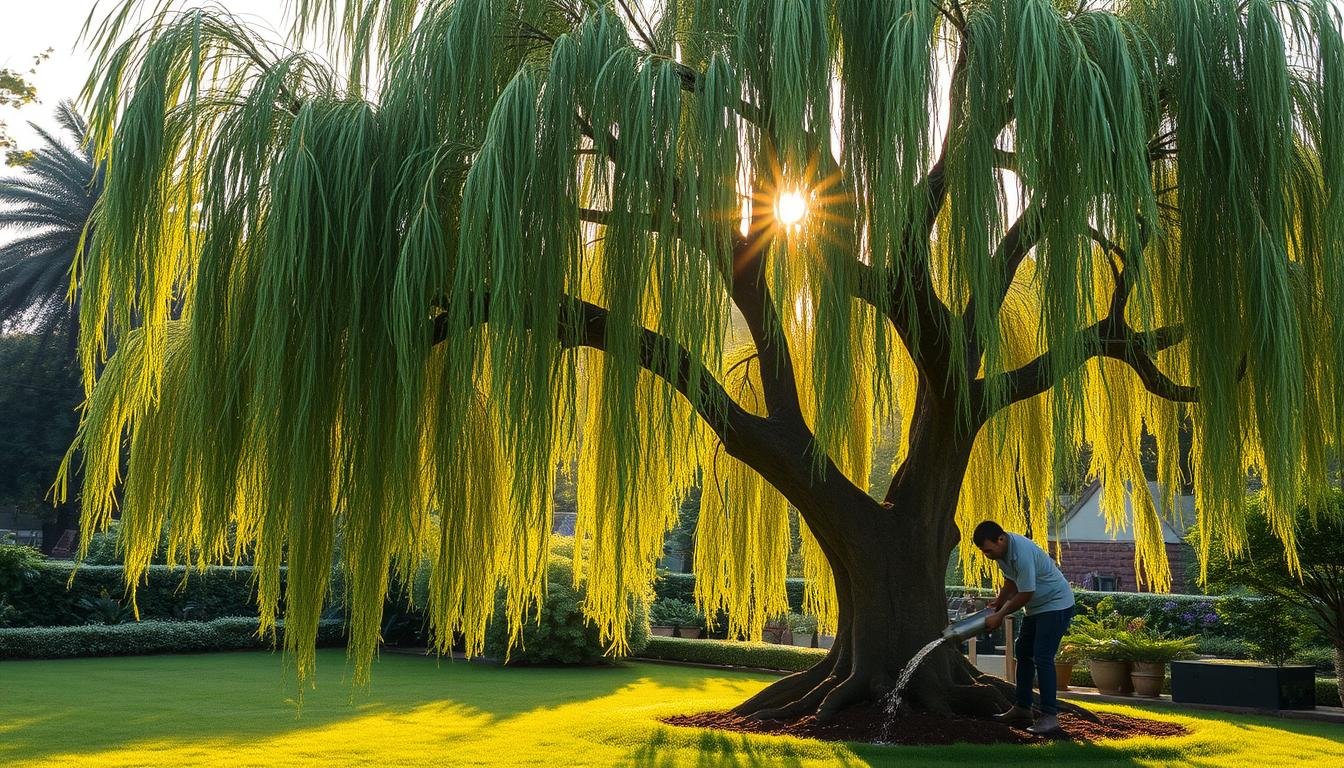 A lush, verdant willow tree stands in a serene garden, its cascading branches gently swaying in a soft breeze. The sun's warm rays filter through the leaves, casting a gentle glow upon the scene. In the foreground, a gardener carefully waters the soil around the tree's base, ensuring its roots receive the nourishment they need. The overall atmosphere is one of tranquility and harmonious balance, capturing the essence of the "養護要點強化風水效益：澆水、光照與修剪節奏" section.
