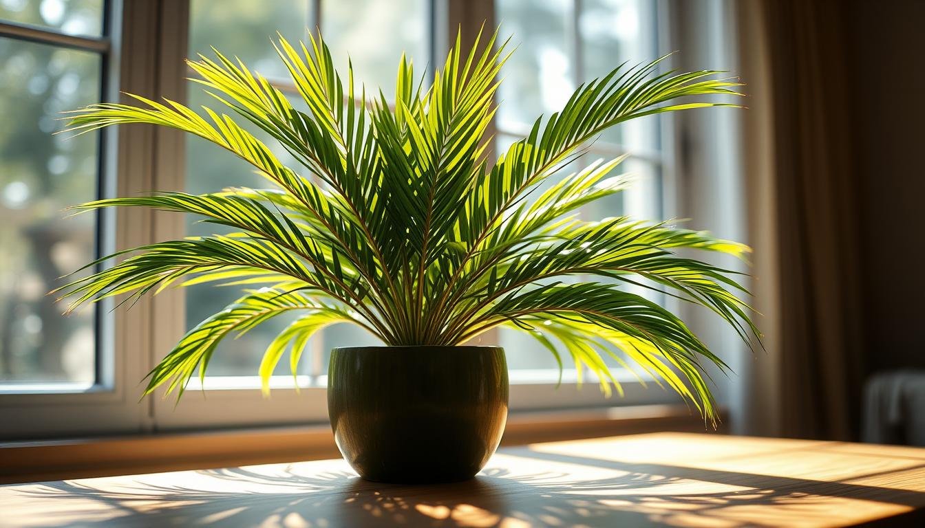 A lush, vibrant potted miniature coconut palm (Cocos nucifera) sits on a wooden surface, its elegantly arched fronds casting soft shadows. The sunlight streams in through a large window, illuminating the plant's supple leaves and the wooden grains beneath. The overall scene radiates a serene, natural ambiance, inviting contemplation on the palm's auspicious feng shui properties. The camera angle is slightly elevated, capturing the full form of the compact coconut tree in sharp, detailed focus, with a shallow depth of field blurring the background to emphasize the subject. This image aims to showcase the beauty and potential benefits of a healthy, well-chosen miniature coconut palm for enhancing the positive chi in a living space. A lush, vibrant potted miniature coconut palm (Cocos nucifera) sits on a wooden surface, its elegantly arched fronds casting soft shadows. The sunlight streams in through a large window, illuminating the plant's supple leaves and the wooden grains beneath. The overall scene radiates a serene, natural ambiance, inviting contemplation on the palm's auspicious feng shui properties. The camera angle is slightly elevated, capturing the full form of the compact coconut tree in sharp, detailed focus, with a shallow depth of field blurring the background to emphasize the subject. This image aims to showcase the beauty and potential benefits of a healthy, well-chosen miniature coconut palm for enhancing the positive chi in a living space.