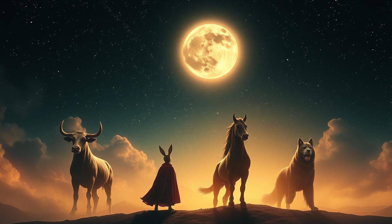A majestic celestial landscape, illuminated by a glowing moon and twinkling stars. In the foreground, four distinct figures emerge from the shadows, each representing a pivotal celestial influence - the serene Ox (子), the dynamic Rabbit (卯), the powerful Horse (午), and the loyal Dog (戌). Their forms are rendered with striking detail, their expressions conveying the depth and complexity of their respective personalities and leadership potential. The overall composition evokes a sense of mysticism and profound introspection, inviting the viewer to explore the intricate connections between the cosmic forces and their earthly manifestations. The image is captured through a wide-angle lens, creating a sense of grandeur and depth, while the warm, ambient lighting sets a contemplative mood, perfect for illustrating the article's exploration of the four Heavenly Pillars and their impact on human destiny. A majestic celestial landscape, illuminated by a glowing moon and twinkling stars. In the foreground, four distinct figures emerge from the shadows, each representing a pivotal celestial influence - the serene Ox (子), the dynamic Rabbit (卯), the powerful Horse (午), and the loyal Dog (戌). Their forms are rendered with striking detail, their expressions conveying the depth and complexity of their respective personalities and leadership potential. The overall composition evokes a sense of mysticism and profound introspection, inviting the viewer to explore the intricate connections between the cosmic forces and their earthly manifestations. The image is captured through a wide-angle lens, creating a sense of grandeur and depth, while the warm, ambient lighting sets a contemplative mood, perfect for illustrating the article's exploration of the four Heavenly Pillars and their impact on human destiny.