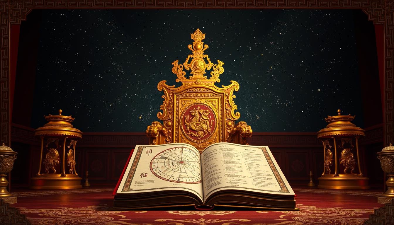 A majestic emperor's throne, carved from ornate gold and adorned with intricate designs, sits against a backdrop of a starry night sky. The room is dimly lit, casting a warm, ethereal glow on the scene. In the foreground, a celestial map unfurls, revealing the astrological positions at the time of the emperor's birth. Beside it, an open tome displays ancient divination scripts, hinting at the profound insights they hold about the ruler's destined characteristics. The overall atmosphere evokes a sense of mysticism and the profound connection between one's birth and the unfolding of their imperial fate. A majestic emperor's throne, carved from ornate gold and adorned with intricate designs, sits against a backdrop of a starry night sky. The room is dimly lit, casting a warm, ethereal glow on the scene. In the foreground, a celestial map unfurls, revealing the astrological positions at the time of the emperor's birth. Beside it, an open tome displays ancient divination scripts, hinting at the profound insights they hold about the ruler's destined characteristics. The overall atmosphere evokes a sense of mysticism and the profound connection between one's birth and the unfolding of their imperial fate.