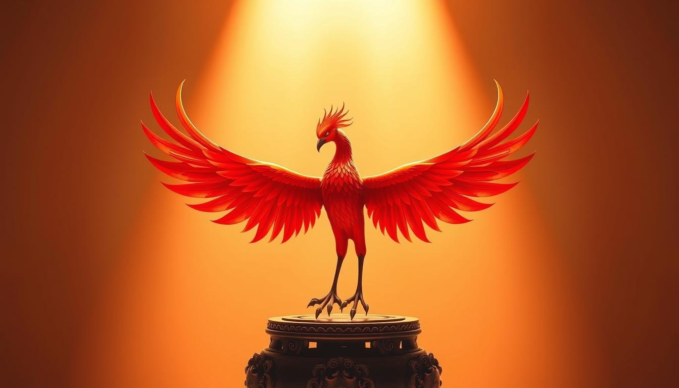A majestic fire-red phoenix blooms in the center of the frame, its wings outstretched in a graceful display. The phoenix is perched atop a carved wooden pedestal, illuminated by a warm, golden light from above. The background is a serene, minimalist space, allowing the phoenix to take center stage. The lighting casts dramatic shadows, enhancing the sense of depth and three-dimensionality. The overall composition is balanced and visually striking, capturing the essence of the "fire phoenix" and its auspicious symbolism. The image exudes a sense of tranquility and an air of prosperity, perfectly reflecting the theme of the article's section on the placement and application of the fire phoenix flower in feng shui.