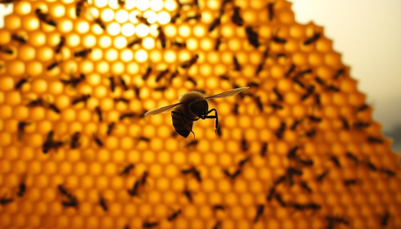 A majestic honeycomb structure, its intricate cells casting a warm, golden glow in the soft, ambient light. Shadowy figures dart in and out, a delicate dance of industrious bees, their rhythmic buzzing echoing the ancient cycles of nature. In the foreground, a single bee hovers, its compound eyes reflecting the subtle tensions of the scene - the coexistence of good and ill fortune, a harmony of opposing forces. The background fades into a muted, neutral palette, allowing the central motif to captivate the viewer, evoking the traditional wisdom of "吉凶並存" - the coexistence of blessings and curses.