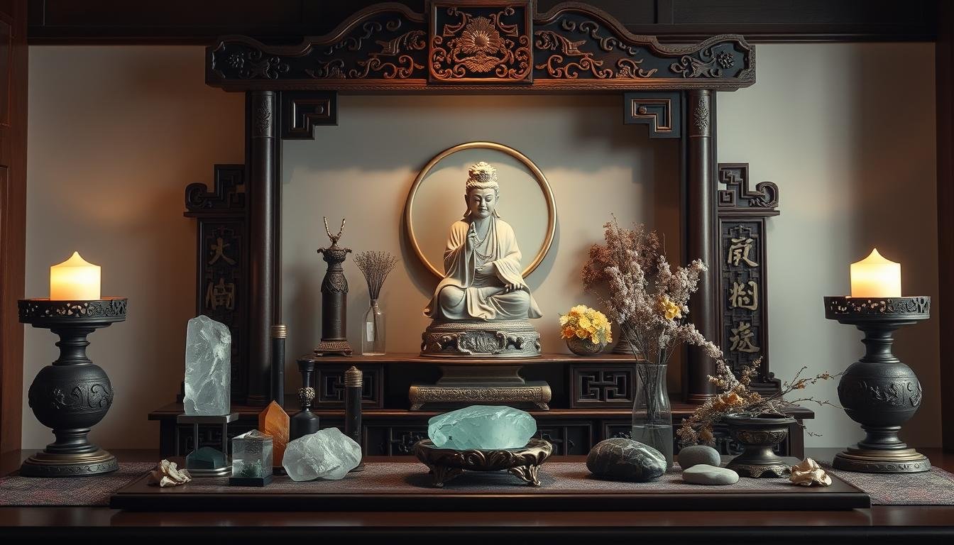 A meticulously arranged "Wen Chang" display, featuring an ornate wooden altar adorned with intricate carvings and a serene, jade-hued statuette of the Taoist deity. Soft, diffused lighting casts a warm, contemplative glow, while strategically placed crystals and natural elements, such as river stones and dried flowers, create a harmonious, feng shui-inspired composition. The overall scene exudes a sense of balance, wisdom, and reverence, inviting a deeper connection with the energies of scholarship and career advancement. A meticulously arranged "Wen Chang" display, featuring an ornate wooden altar adorned with intricate carvings and a serene, jade-hued statuette of the Taoist deity. Soft, diffused lighting casts a warm, contemplative glow, while strategically placed crystals and natural elements, such as river stones and dried flowers, create a harmonious, feng shui-inspired composition. The overall scene exudes a sense of balance, wisdom, and reverence, inviting a deeper connection with the energies of scholarship and career advancement.