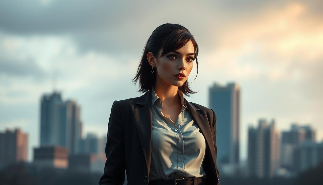 A modern interpretation of a wounded official woman, standing with a pensive expression, dressed in a stylish contemporary outfit. The image has a muted color palette, with soft lighting casting dramatic shadows, creating a contemplative mood. The background blurs into an abstract, urban cityscape, suggesting the character's place in the modern world. The composition emphasizes the figure's introspective pose, inviting the viewer to ponder the complexities of her situation and the evolving social landscape.