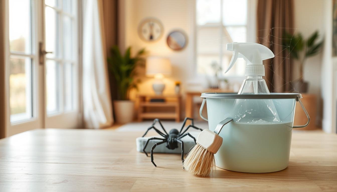 A neatly arranged cleaning station for removing spider webs, illuminated by natural light filtering through an open window. In the foreground, a bucket filled with a gentle cleaning solution and a soft brush, ready to gently sweep away the cobwebs. The middle ground features a spider figurine, a symbolic representation of the unwanted presence. In the background, a warm, inviting room with minimalist decor, conveying a sense of clarity and rejuvenation after the unwanted guest has been removed. The overall mood is one of calm, control, and the restoration of positive energy in the space. A neatly arranged cleaning station for removing spider webs, illuminated by natural light filtering through an open window. In the foreground, a bucket filled with a gentle cleaning solution and a soft brush, ready to gently sweep away the cobwebs. The middle ground features a spider figurine, a symbolic representation of the unwanted presence. In the background, a warm, inviting room with minimalist decor, conveying a sense of clarity and rejuvenation after the unwanted guest has been removed. The overall mood is one of calm, control, and the restoration of positive energy in the space.