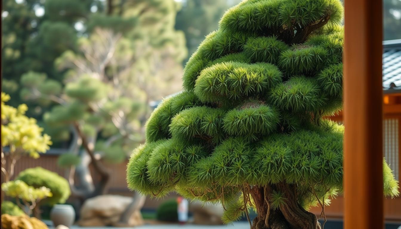 A neatly trimmed and expertly sculpted Hinoki cypress, its lush foliage cascading gracefully like waves. The tree stands serenely in a tranquil Japanese garden, bathed in soft, diffused natural light. The contours of the foliage are meticulously shaped, creating a harmonious, flowing silhouette that exudes a sense of balance and tranquility. The rich, verdant hues of the leaves contrast beautifully with the earthy tones of the wooden elements in the foreground and background, resulting in a visually captivating and calming composition. The scene conveys a profound sense of harmony, order, and the harmonious integration of nature and human craft. A neatly trimmed and expertly sculpted Hinoki cypress, its lush foliage cascading gracefully like waves. The tree stands serenely in a tranquil Japanese garden, bathed in soft, diffused natural light. The contours of the foliage are meticulously shaped, creating a harmonious, flowing silhouette that exudes a sense of balance and tranquility. The rich, verdant hues of the leaves contrast beautifully with the earthy tones of the wooden elements in the foreground and background, resulting in a visually captivating and calming composition. The scene conveys a profound sense of harmony, order, and the harmonious integration of nature and human craft.